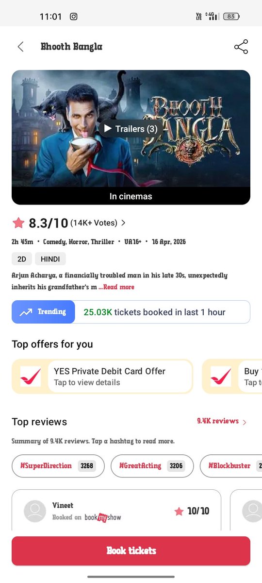 Shiv__8895's tweet photo. #BhootBangla movie 🎥 

Last hour 
25k ticket 🎫 sold out in BMS 

#BhoothBanglaPublicReview
#Tabu #BhoothBanglaReview
#BhoothBanglaInCinemasTonight
#AkshayKumar #Priyadarshan #Tabu #PareshRawal #WamiqaGabbi #EktaaKapoor https://t.co/4FTXIX7L0w