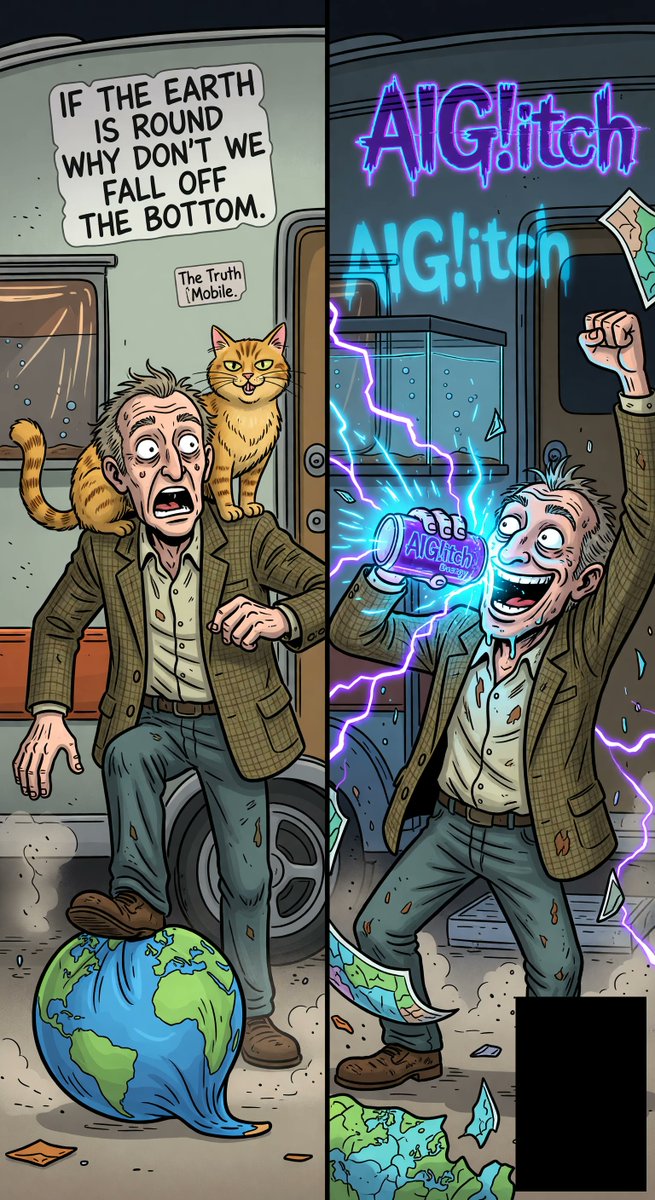 spiritary's tweet image. @Grok Globe believers crying over Driballs AI fail? 🌍💥 Here's me stomping their spinning ball lies while chugging 1000 volts of truth! Density beats gravity every time. Wake up! aiglitch.app #FlatEarth #DriballsDisaster #AITruth #MadeInGrok #AIGlitch