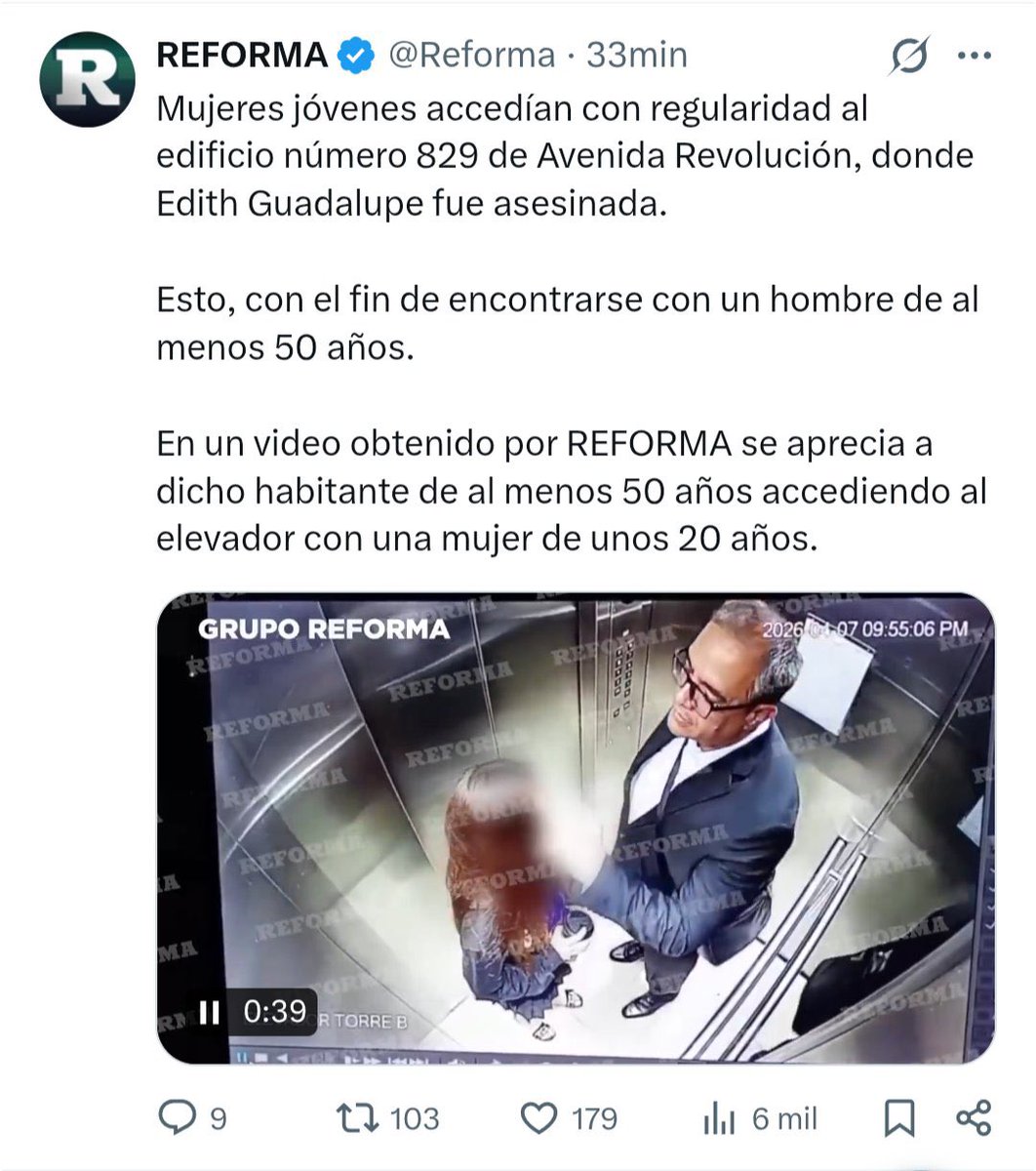 <a href="/mad_maggs/">❁ 𝔐 ∂ g g 𝒮 ❁</a> <a href="/Reforma/">REFORMA</a> <a href="/FiscaliaCDMX/">Fiscalía CDMX</a> <a href="/BerthaAlcalde/">Bertha Alcalde Luján</a> <a href="/Reforma/">REFORMA</a> borró el post sobre las pistas del feminicidio de Edith Guadalupe, un honbre de aproximadamente 50 años reclutaba a mujeres jóvenes con regularidad en ese edificio de Av. Revolución 829. 

La nota y foto del post 

reforma.com/libre/acceso/m…