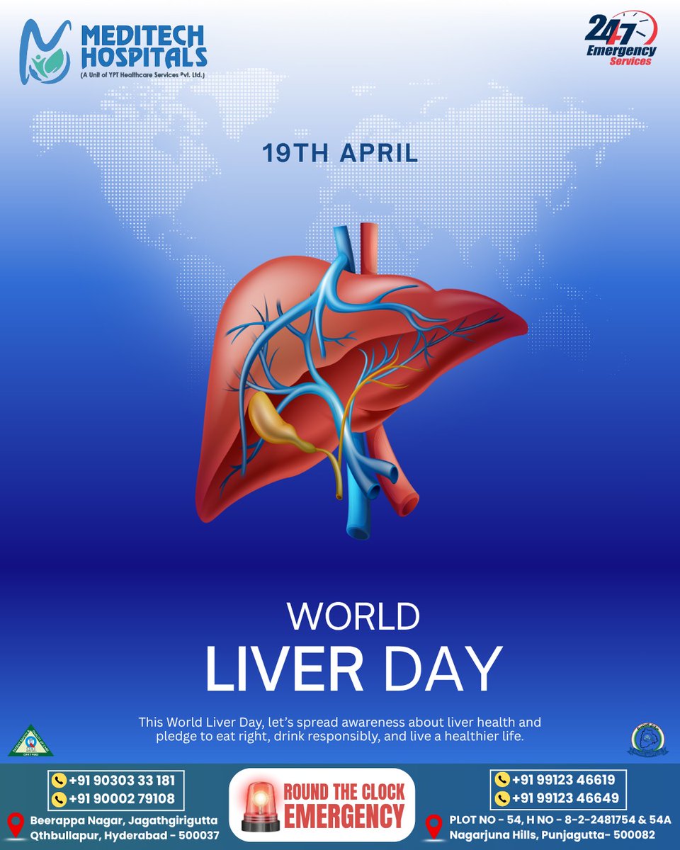 Meditech_hyd's tweet photo. Your liver works hard for you 24/7—are you returning the favor? 🧐 This #WorldLiverDay, let’s pledge to prioritize our health by eating right and drinking responsibly. A healthy liver means a longer, more vibrant life!
​📍 Visit us at #Meditechhospitals for expert care. https://t.co/d89gwvscqW