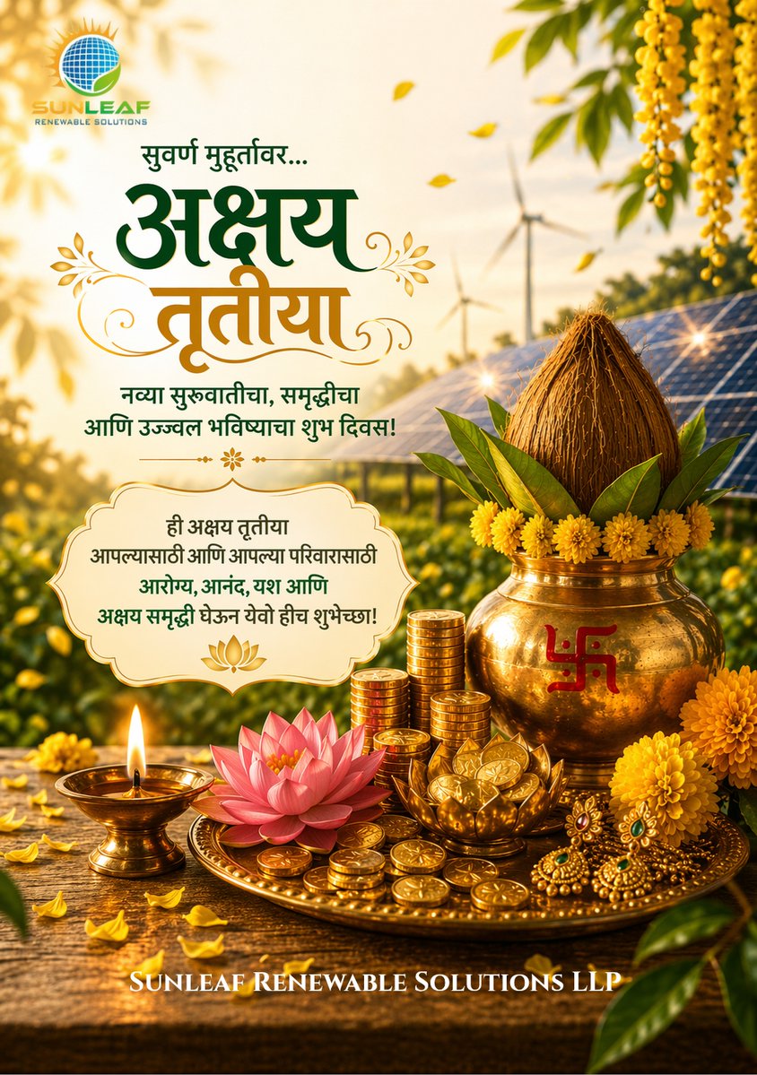 SunleafEnergy's tweet image. Wishing you a शुभ अक्षय तृतीया ✨
On this auspicious day, begin your journey towards a sustainable future🌞
Clean energy that brings endless savings and growth 💡 

#AkshayaTritiya #SolarEnergy #CleanEnergy #SustainableFuture #RenewableEnergy #अक्षयतृतीया #AkshayTrutiya
