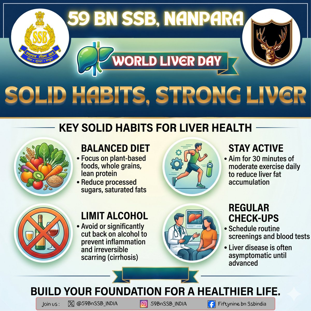 59bnssb_india's tweet image. 59वीं वाहिनी #SSB नानपारा की ओर से 'विश्व लिवर दिवस' की हार्दिक शुभकामनाएं।
इस वर्ष का संकल्प: "Solid Habits, Strong Liver"।
स्वस्थ खान-पान और योग को अपनी जीवनशैली का हिस्सा बनाएं।#WorldLiverDay2026 #SolidHabitsStrongLiver #HealthAwareness #FitIndia #LiverHealth