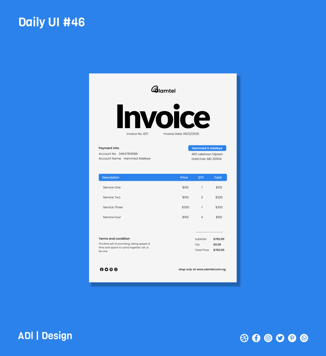 iamadl_'s tweet photo. Invoice Daily UI #0046

Hi everyone. 

For today's challenge Daily UI #0046, the prompt was to design an invoice for a service or product render. What do you think?

Thanks for stopping by, don't forget to like and follow for more.
#dailyui #dribble #designer #dailyux #figma https://t.co/8eEGHrom4A
