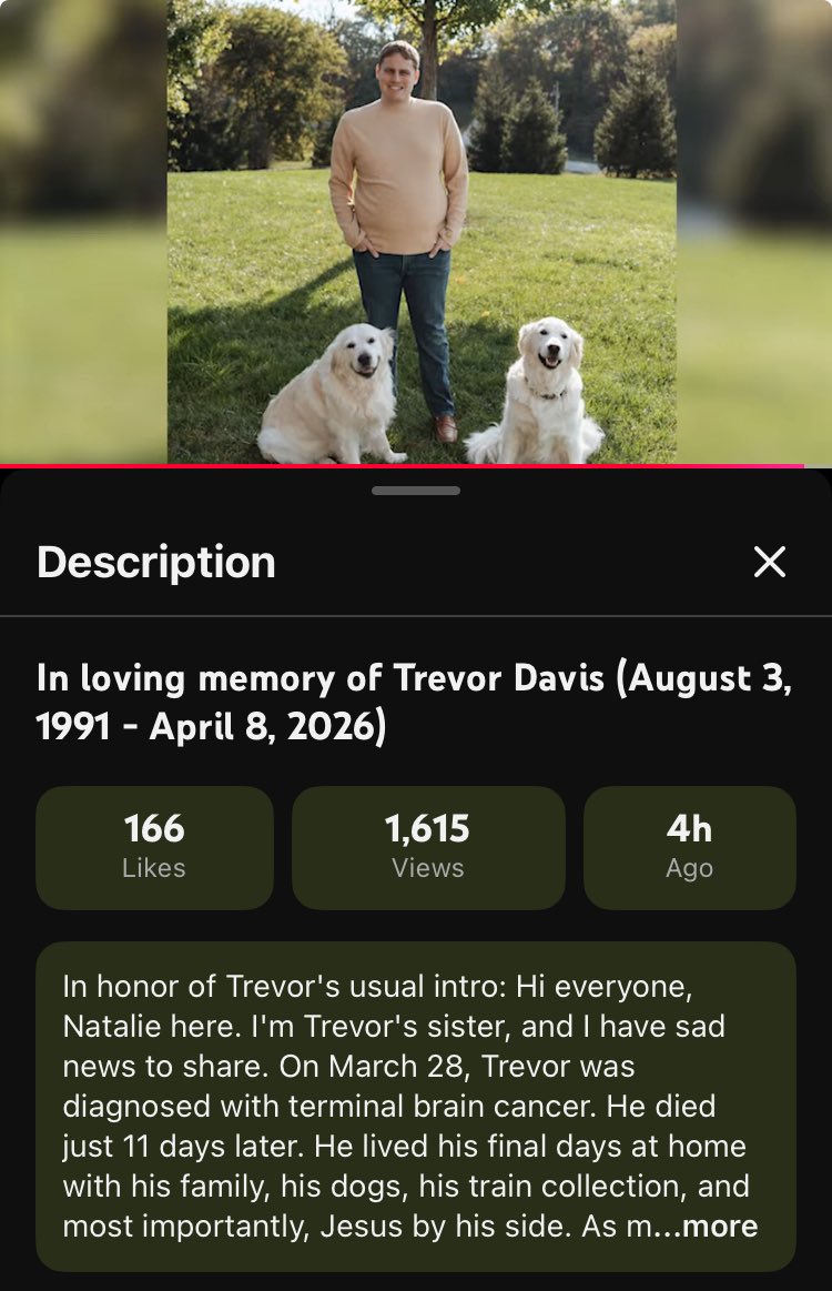 It has come to my attention that Thomas YouTuber Trevor Davis recently passed away due to Brain Cancer 

While I was never a fan of his content personally, I genuinely am saddened by the loss of a fellow fan-member and I send my condolences to his family
