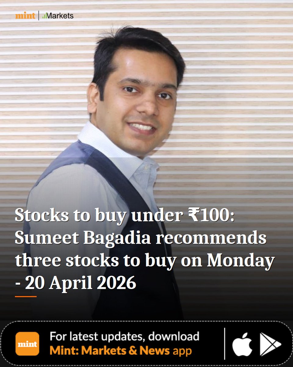 MarketsByMint's tweet image. Sumeet Bagadia offers his market outlook &amp;amp; 3 promising stocks under ₹100 to buy this Monday. Find your next investment!

livemint.com/market/stock-m…

#Livemint #StocksToBuy #Under100Stocks #SumeetBagadia #MarketOutlook #MintMarkets