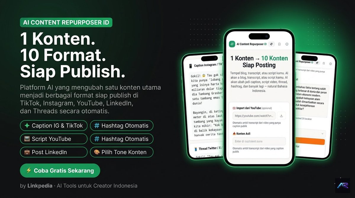 Sidehustlelact's tweet image. RepurposerID: AI Content Repurposing Engine untuk Scale Konten Multi-Platform Secara Otomatis

aiprouctivitytips.blogspot.com/2026/04/blog-p…

#Aicontent #contentcreator #toolsAI