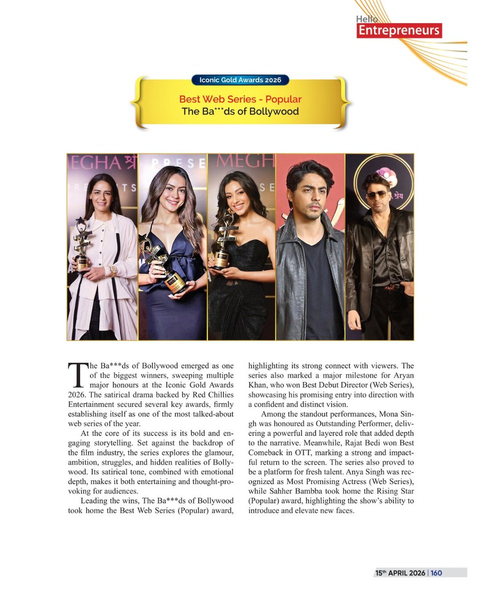 IconicGoldAward's tweet photo. The Ba***ds of Bollywood Dominates: A Clean Sweep at Iconic Gold Awards 2026
.
.
.

@RedChilliesEnt
@gaurikhan @NetflixIndia
#TheBadsOfBollywood #IconicGoldAwards #HelloEntrepreneurs #IconicGoldAwards2026 #HelloEntrepreneursSpecialissue https://t.co/SitCsL0Fcb