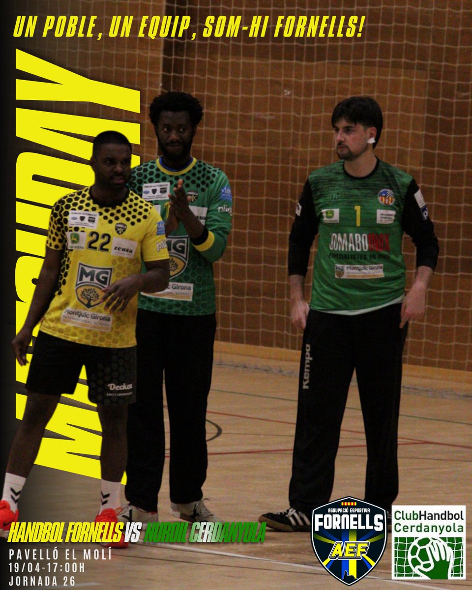 𝙈𝘼𝙏𝘾𝙃𝘿𝘼𝙔!

Partit important a casa! 💪

🆚 Nuroil Cerdanyola
🏟️ Pavelló El Molí
🕗 17:00h

Un poble, un equip... SOM-HI FORNELLS! 💛💙