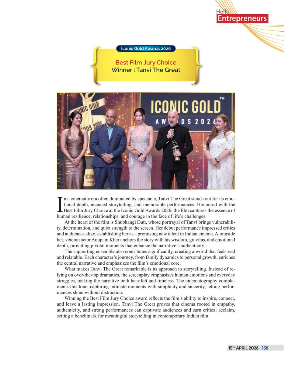 IconicGoldAward's tweet photo. A Story of Heart and Courage: Tanvi The Great, Wins Best Film Jury Choice
.
.
.
@AnupamPKher
#TanviTheGreat #IconicGoldAwards #HelloEntrepreneurs #IconicGoldAwards2026 #HelloEntrepreneursSpecialissue https://t.co/z8okqB5kiI