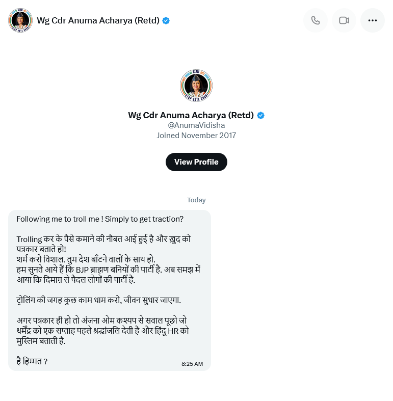 After I posted a thread exposing her fake news, Anuma Acharya messaged me, called me a troll, and then blocked me. 🙃