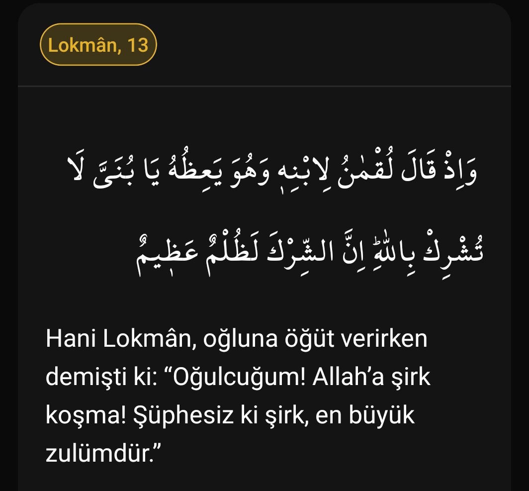 Hani Lokman, oğluna öğüt verirken demişti ki: “Oğulcuğum! Allah’a şirk  koşma! Şüphesiz ki şirk, en büyük zulümdür.” 

(31/Lokmân, 13)