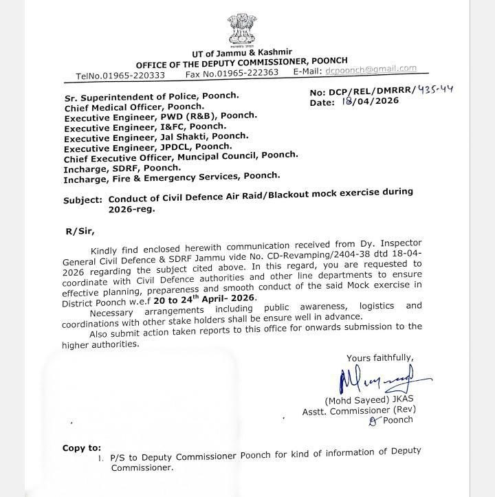 Civil defence, air raid, and blackout exercise in District Poonch from April 20 to 24, 2026.