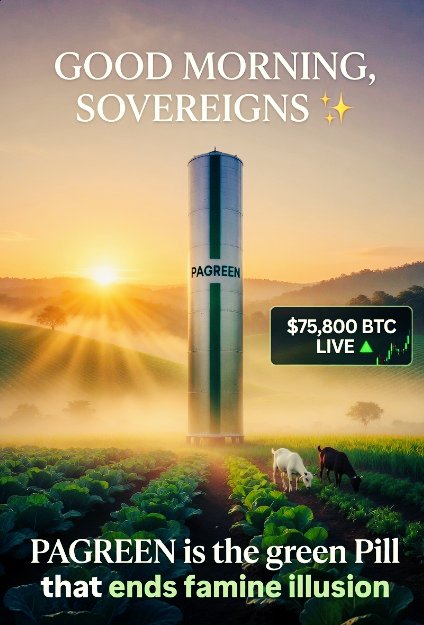 Good morning Sovereigns 💚 🌱 🧡 

Sunday blessings: PAGREEN is the Green Pill that ends famine illusion. Real power grows from your own soil. Bitcoin at $75,800. Drop PAGREEN @_pagreen home and away 👑