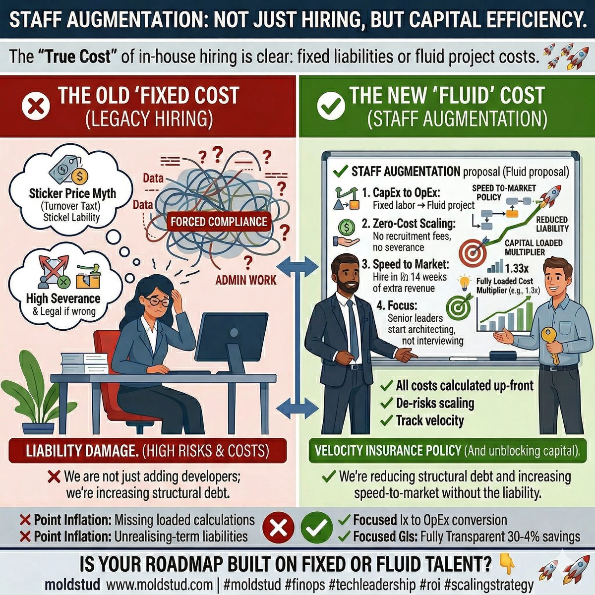 vasile_crudu's tweet image. The financial logic of Staff Aug: 🧵
Salary ≠ Cost. In-house adds 40% in hidden fees. Aug covers it.
Speed = Revenue. Hire in 2 weeks, not 4 months. Ship sooner. 🚀
Zero Friction. $0 recruiting to start. $0 severance to stop.
Spend smarter. 📈 #moldstud #startups #tech