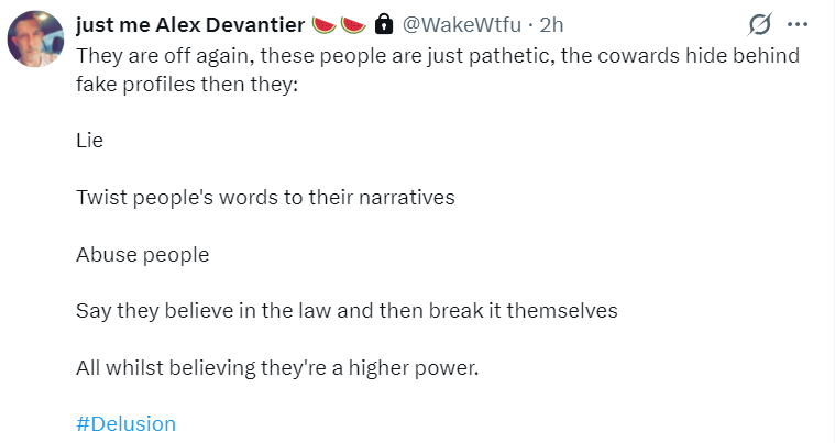 tweeter_vee's tweet image. @WakeWtfu 
The irony is thick when the guy with an active AVO against him lectures others about "hiding behind fake profiles" and breaking the law.  Projection much?  #Delusion indeed.