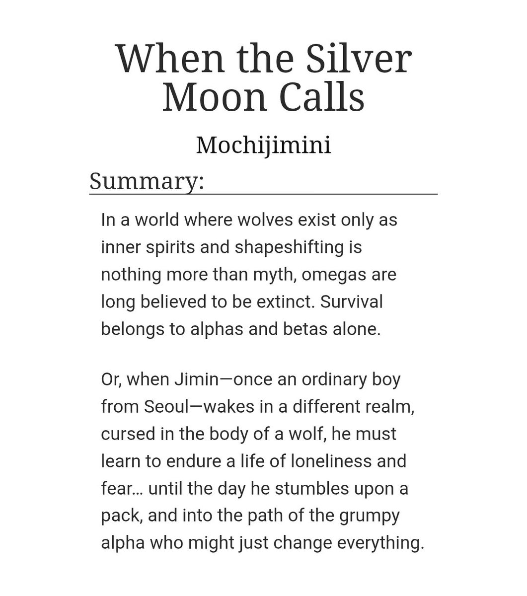 lilmeowmeowjm's tweet photo. Chapter 4 is hereeee 🐺
https://t.co/2WX5uRY0G9

#Yoonmin au
- A/B/O, fantasy AU
- Omega Jimin, Alpha Yoongi 
-possessive Yoongi
- Pack dynamics, found family, slow burn
- Brave Jiminie trying to survive in a strange realm
- Angst, fluff, eventual smut, happy ending https://t.co/GxJsnuoeH2