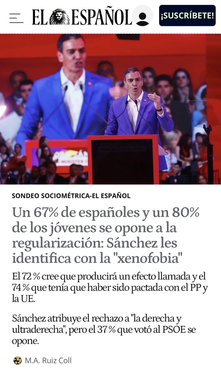 Dos de cada tres españoles están en contra de la regularización de inmigrantes ilegales de Pedro Sánchez. 

Entre los jóvenes, una mayoría aplastante de ocho de cada diez. 

Y cada día que pase, esos porcentajes serán cada vez mayores.