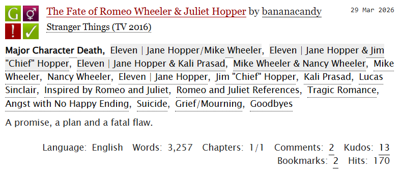 MilevenFics's tweet photo. #MilevenFicRec
The Fate of Romeo Wheeler & Juliet Hopper
by bananacandy
https://t.co/qctKA8vIV9
#OneShot #PostS5 #Rewrite #Angst https://t.co/tCxS0goJHz
