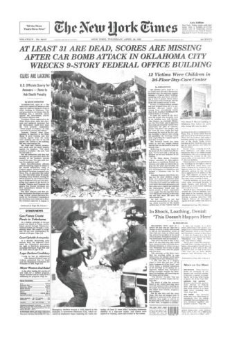 SadaaShree's tweet image. #TodayInHistory

The Alfred P. Murrah Federal Building in Oklahoma City is bombed by a car bomb in 1995 killing 168 including 19 kids under the age of six. The culprits are Timothy McVeigh and Terry Nichols, both anti Govt extremists protesting against the Waco Siege.

The