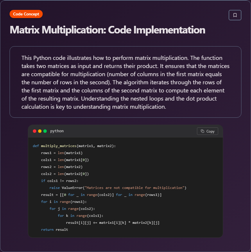 techielearnapp's tweet image. ✨ Matrix Multiplication: Code Implementation (Data Structures And Algorithms)

#Algorithms #DataStructures #CodingInterview #ProblemSolving #100DaysOfCode #DevLife