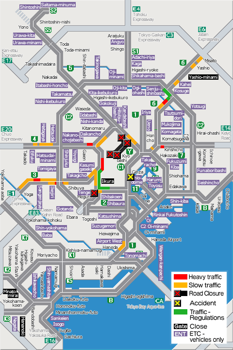 shutoko_EN's tweet photo. This map shows the traffic conditions as of  3 p.m. on the Metropolitan Expressway. For more information, please see the following link.
#Shutoko
https://t.co/cIezY4a0MV https://t.co/iXrnmsjbru