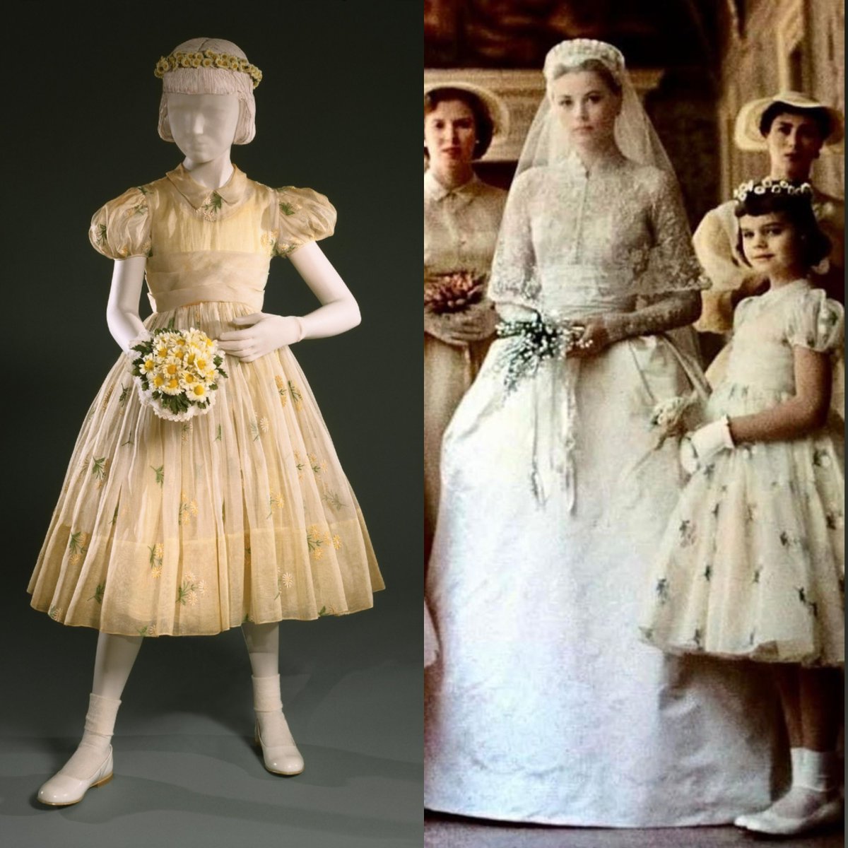 vickyhaddock's tweet image. Grace Kelly married Prince Rainier III of Monaco #OnThisDay in 1956. Joseph Hong of Neiman Marcus designed the flower girl's white cotton organdie dresses, embroidered with sprigs of daisies, and worn over yellow organdie underdresses. @philamuseum #wedding #fashionhistory