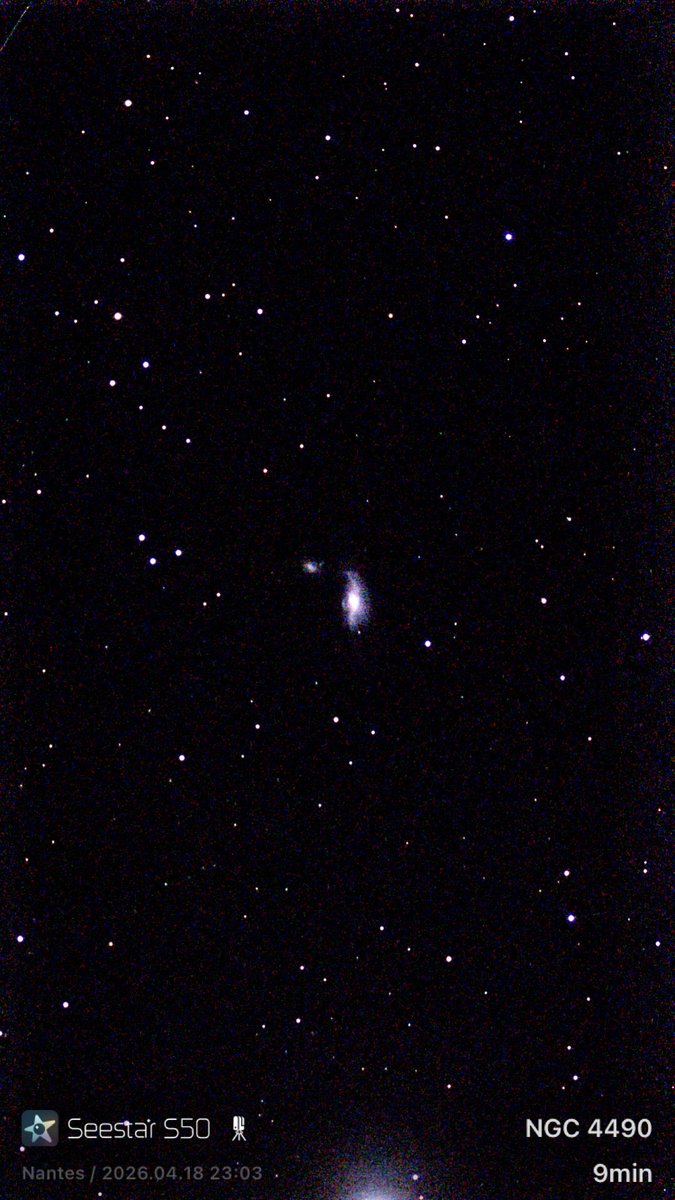 ahenk75's tweet image. Arp 269, 25 million ly away in Canes Venatici : Cocoon Galaxy NGC4490, barred spiral galaxy, impacted by the close meeting with NGC 4495 (smaller). W/ @zwoastro #Seestar S50 on April18, 2026 #Space #Astronomy