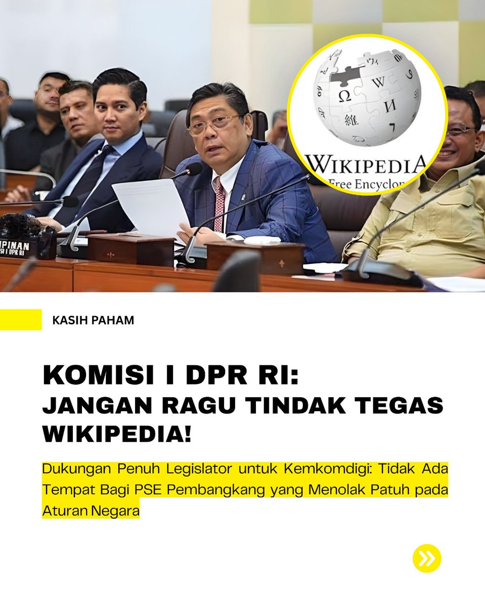 LewatDepan_'s tweet photo. Tidak ada pengecualian untuk kedaulatan digital! Dukungan penuh dari Komisi I DPR RI kepada Kemkomdigi untuk menindak tegas Wikipedia adalah bukti bahwa hukum di Indonesia tidak bisa ditawar oleh arogansi platform global. https://t.co/cWXVzVMQ5z