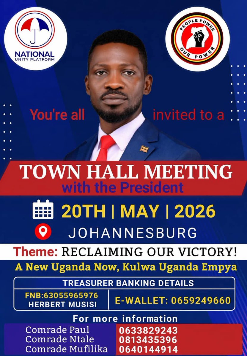 kfdmedia3's tweet image. 🚨 POWERFUL ANNOUNCEMENT 🚨
KZN Executive announces the visit of H.E. Robert Kyagulanyi Sentamu to Pietermaritzburg on 28 May 2026 for a Town Hall Meeting. Theme: Reclaiming Our Victory! Join us as we discuss the struggle &amp;amp; vision for a New Uganda. 🇺🇬 
#NUP #PeoplePower #kfdmedia