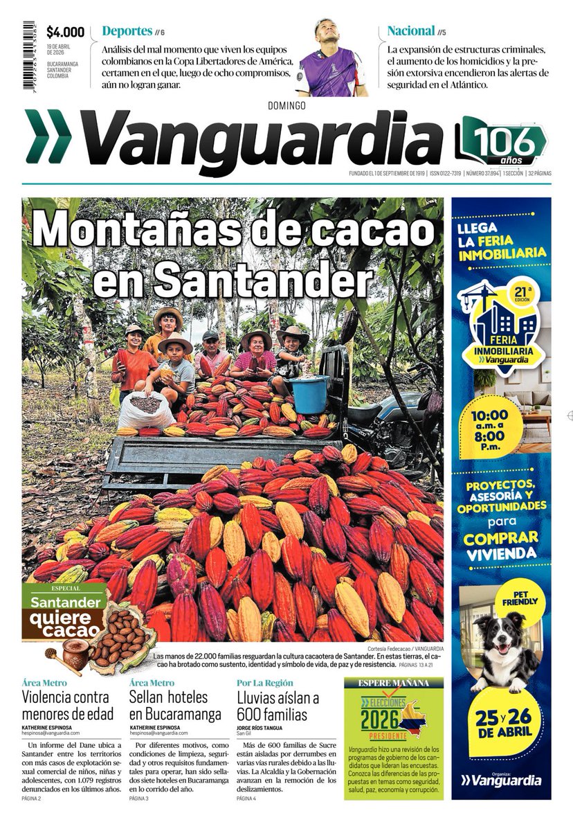 vanguardiacom's tweet photo. ☀️ ¡Buenos días y feliz domingo!
🗞️ Les  compartimos la #PortadaVanguardia de hoy:

🚨 Santander, entre las regiones con más casos de explotación sexual infantil: Dane reporta 1.079 denuncias
🏨 Sellan siete hoteles en Bucaramanga este año por fallas de limpieza y seguridad
💧 Lluvias aíslan a más de 600 familias en Sucre por derrumbes en vías rurales