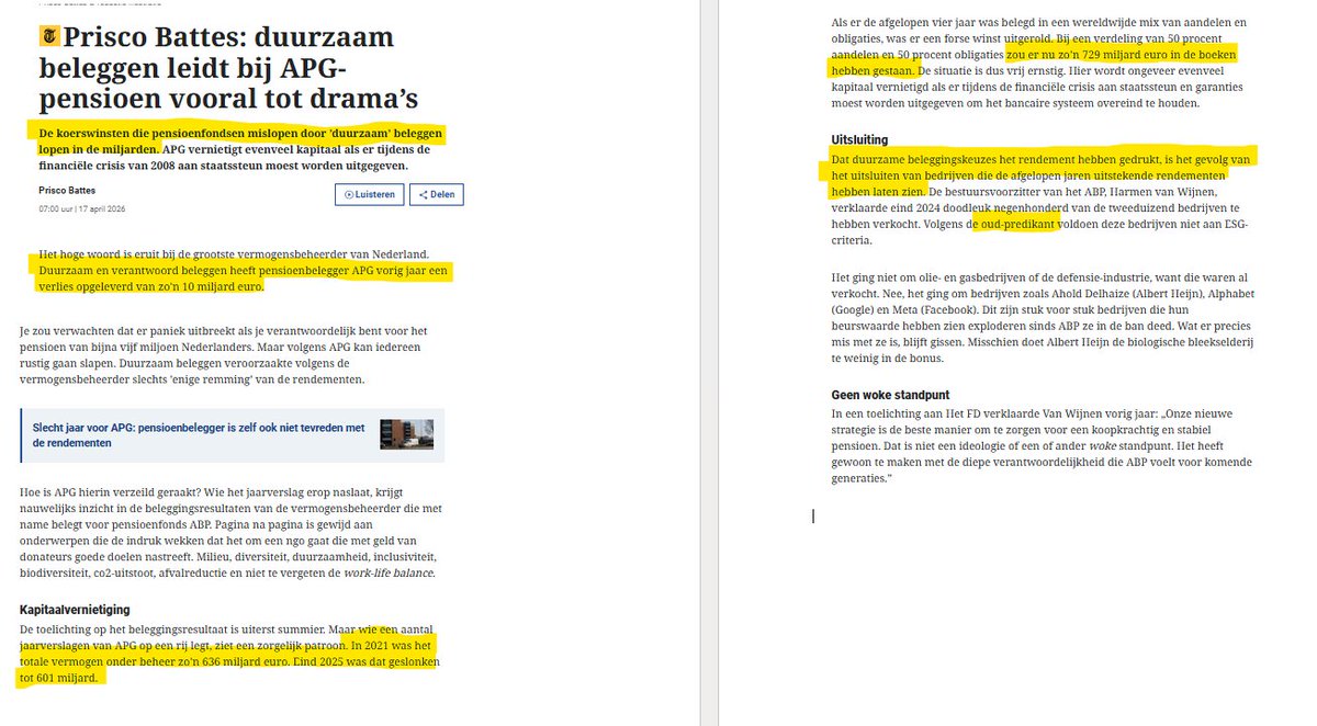 Ik blijf het absurd vinden dat pensioenfondsen kunnen besluiten dat miljoenen mensen voortaan DUURZAAM beleggen. Zonder de mensen, van wie het geld afkomstig is, te raadplegen. APG belegt o.a. voor het ABP, zo'n 87% van het vermogen van APG = ABP. 

Van 2021 t/m 2025 verloor APG
