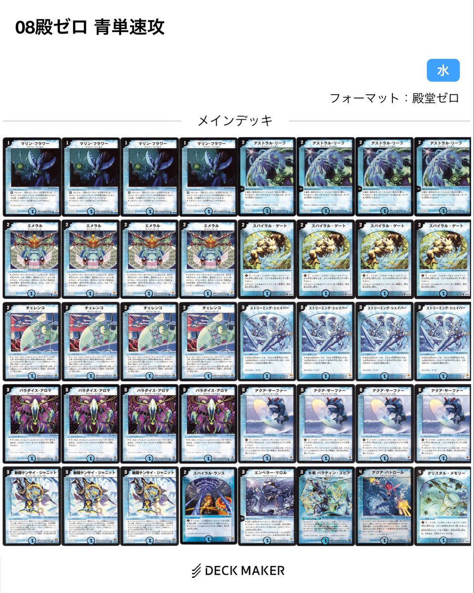 本日、殿堂ゼロ08に参加しました。
使用デッキは青単速攻
シオザキさんのレシピを元に少しいじったものです。
結果は予選2-2、裏トナメ3-2でどちらも3位終わりでした🥹