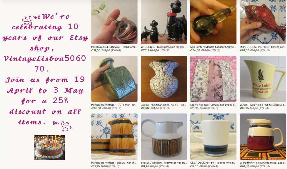 VintageLisboa50's tweet image. 🎂We’re celebrating 10 years of our Etsy shop,
VintageLisboa506070.
Join us from 19 April to 3 May for a 25% discount on all items. 🎉
🎆etsy.com/shop/VintageLi… 🎇 #birthday #tenYears #etsyshop #Discount #Celebrations #Anniversary #LoveVintage #VintageLove