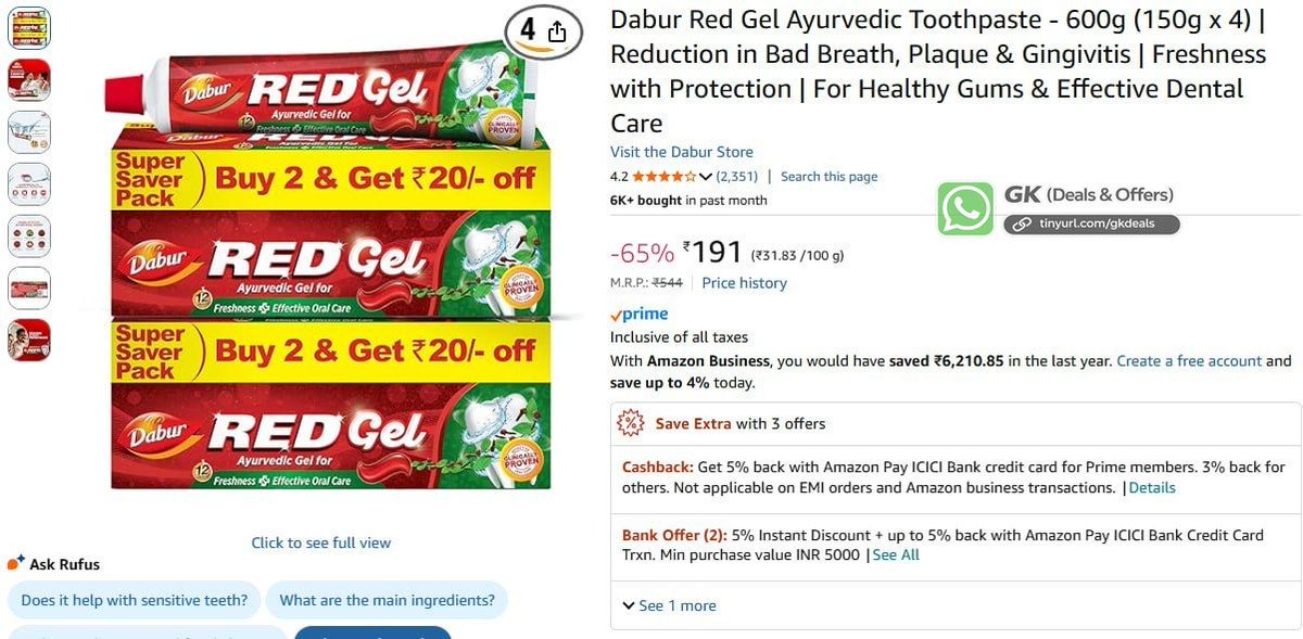 gearknowledge's tweet image. Dabur Red Gel Ayurvedic Toothpaste - 600g (150g x 4) @191

🔗 amzn.to/3NynwpE

#Amazon #Dabur #Toothpaste

📲 Deals 👉 tinyurl.com/gkdeals