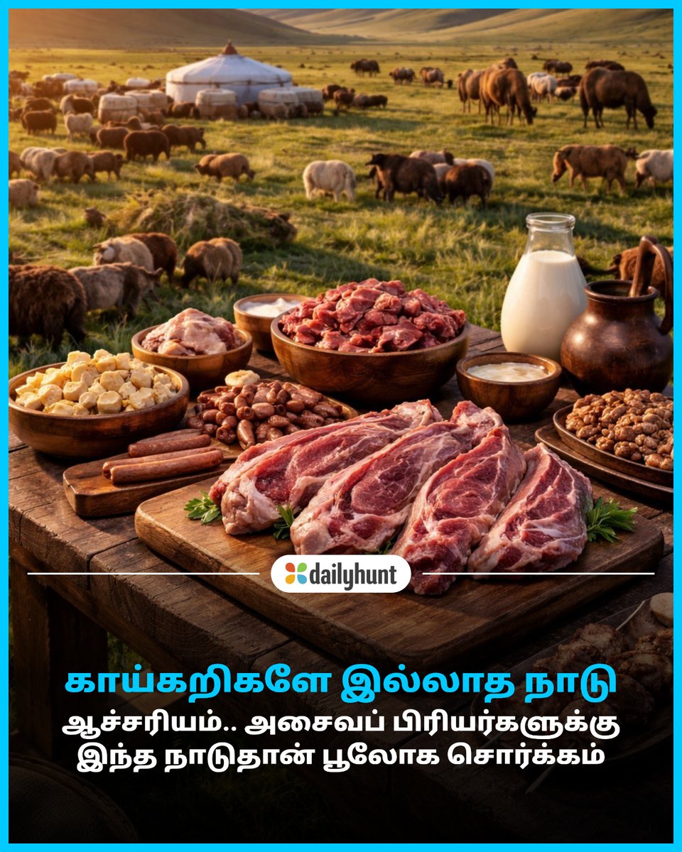 DH_Tamil's tweet image. காய்கறிகள், அரிசி, பருப்பு வகைகளுக்கு இடமே இல்லை.. மங்கோலியா ஒரு நிஜமான சொர்க்கம்!
📸 Credit: AI

Seithisolai மற்றும் பிற முன்னணி மூலங்களின் செய்திகளை இங்கே வாசிக்கவும். w.dhunt.in/13VQLE?partner…

#Mongolia #FoodLovers #CheapMutton #NonVegHeaven #offbeat