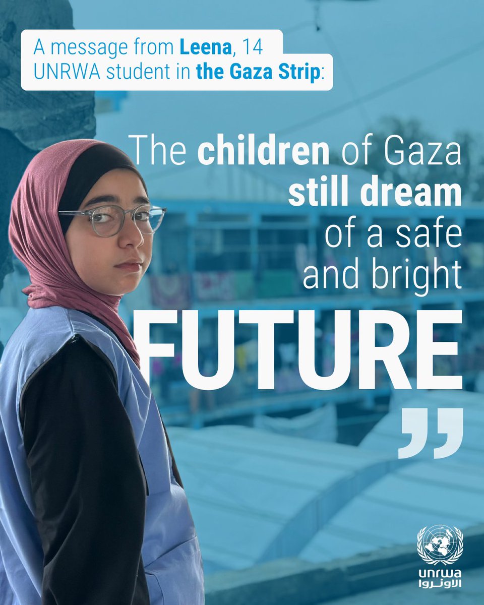 UNRWA's tweet image. “Despite the pain of the war, we haven’t forgotten our right to education,” says 14-year-old Leena, an UNRWA student in #Gaza.

UNRWA keeps providing teaching across Gaza, where almost all school buildings are no longer functioning. Between 6 and 12 April, over 65,000 children