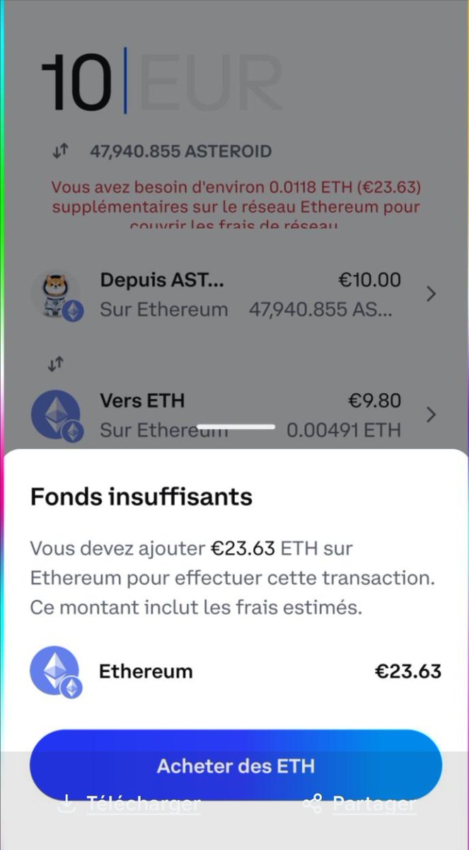 😭 Ethereum vient de me racketter en pleine rue.
Je voulais swap 10€ d’ASTEROID…
Il m’a demandé 23,63€ de gas en plus.
Ouais. Pour 10 balles.
J’ai presque 3x le montant juste pour dire « bonjour » au réseau.
C’est plus une blockchain, c’est un braquage avec reçu.
Les memecoins