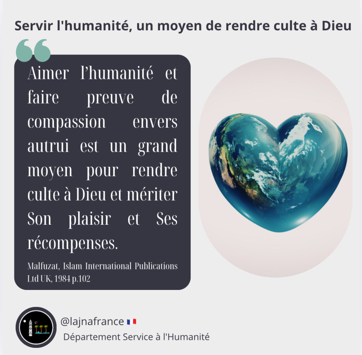 lajnafrance's tweet image. Dans l’islam, servir l’humanité est une forme d’adoration et un moyen de rechercher l’agrément d’Allah. Les actes tels que la charité, l’aide aux nécessiteux et la bienveillance sont considérés comme des devoirs essentiels d’un véritable musulman.

#Humanity
#Service