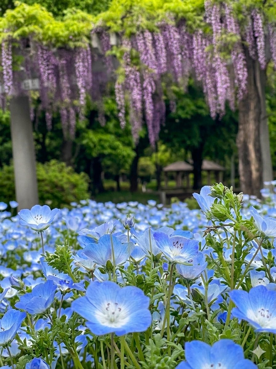 ネモフィラと藤を一緒に綺麗に撮りたかったけど
距離と人の多さで難しく
👈実際
Gimineが修正👉

 綺麗な写真だけを投稿したいと思ったらAIに頼めばできるけど
それはどうなんだろね😌