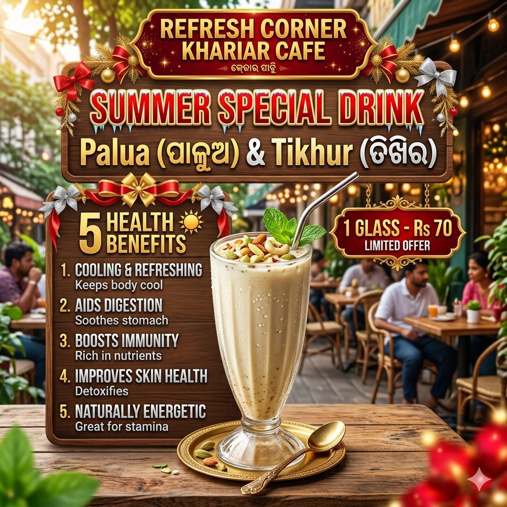 Refresh Corner Khariar Cafe presents the ultimate summer elixir: Palua (ପାଳୁଅ) &amp; Tikhur (ତିଖିର). Not just a drink, but a glass full of wellness to keep you cool when the sun is at its peak.
#RefreshCorner #KhariarCafe #SummerSpecial #PaluaDrink #Tikhur #OdiaFood #HealthySummer