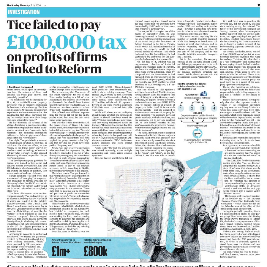 LauraPh222's tweet image. ST #RichardTice tax investigation.  @gabrielpogrund: "It’s the tax Tice failed to pay on profits from his property firm deposited in four shell entities: Tisun 1, 2, 3, 4. Their parent [company] then donated to Reform." Just checked @BBCNews #website no sign UK, Home, Politics.