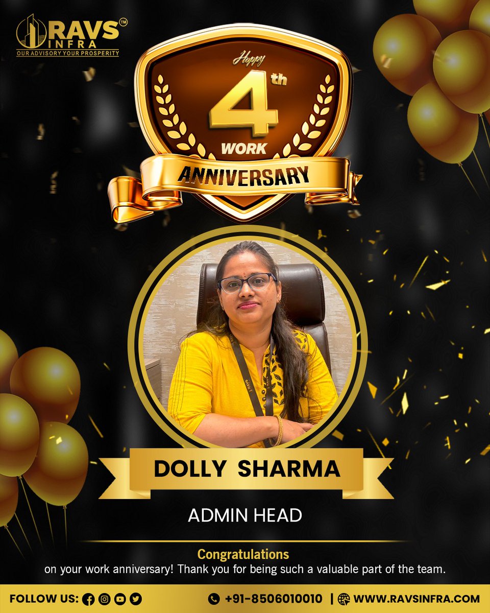 RAVSInfra's tweet image. 🌟 Celebrating 4 Years of Excellence!🌟
Congratulations to Dolly Sharma on completing 4 incredible years with RAVS Infra! 🎉
Your dedication and hard work as Admin Head have been truly inspiring.
.
.
.
#WorkAnniversary #TeamRAVS #4YearsStrong #CorporateLife #Gratitude #RAVSInfra