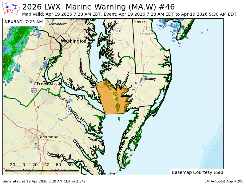 LWX issues Marine Warning [wind: >34 KTS, hail: 0.00 IN] for Chesapeake Bay from Drum Point MD to Smith Point VA, Tangier Sound and the inland waters surrounding Bloodsworth Island [AN] till Apr 19, 9:30 AM EDT mesonet.agron.iastate.edu/vtec/f/2026-O-…