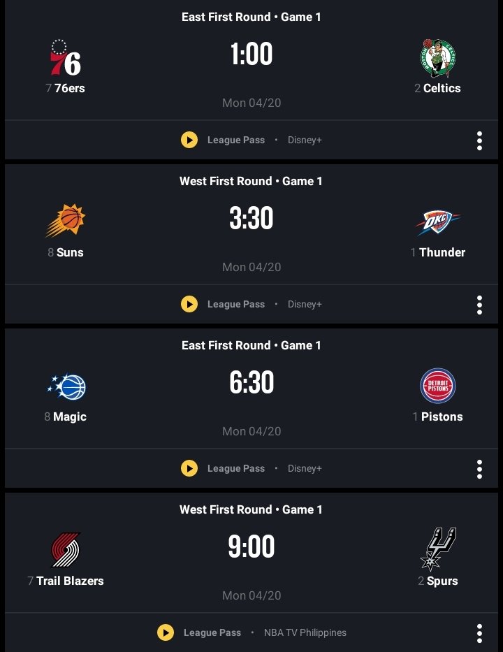 KuyaJeffPH's tweet image. NBA PLAYOFFS POSTSEASON 2026🏀 SCHEDULE
(CONFERNECE QUARTERFINALS)
April 19, 2026 Sunday🇺🇲
April 20, 2026 Monday🇵🇭

PHI vs BOS - 01:00 PHT - ABC
PHX vs OKC - 03:30 PHT - ABC
ORL vs DET - 06:30 PHT - NBC
POR vs SAS - 09:00 PHT - NBC

#NBA #NBAPlayoffs #Postseason #KuyaJeff