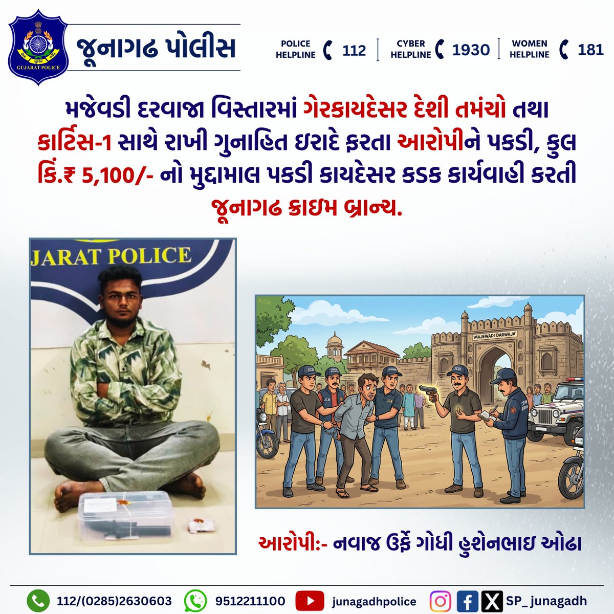 SP_Junagadh's tweet image. મજેવડી દરવાજા વિસ્તારમાં ગેરકાયદેસર દેશી તમંચો તથા કાર્ટિસ-1 સાથે રાખી ગુનાહિત ઇરાદે ફરતા આરોપીને પકડી, કુલ કિં.₹ 5,100/- નો મુદ્દામાલ પકડી કાયદેસર કડક કાર્યવાહી કરતી જૂનાગઢ ક્રાઇમ બ્રાન્ચ.

@GujaratPolice
@dgpgujarat
@DIG_JND_Range
#gujaratpolice #junagadhpolice