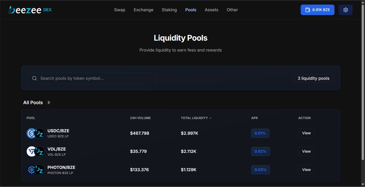 BZEdgeCoin's tweet image. What if earning in DeFi was actually simple? 👀

With #BZE DEX pools, you can explore liquidity opportunities, understand markets better, and be part of a growing on-chain ecosystem ⚡️
🔗 dex.getbze.com/pools
More utility. More control. Less complexity.
#DeFi #Crypto #Web3
