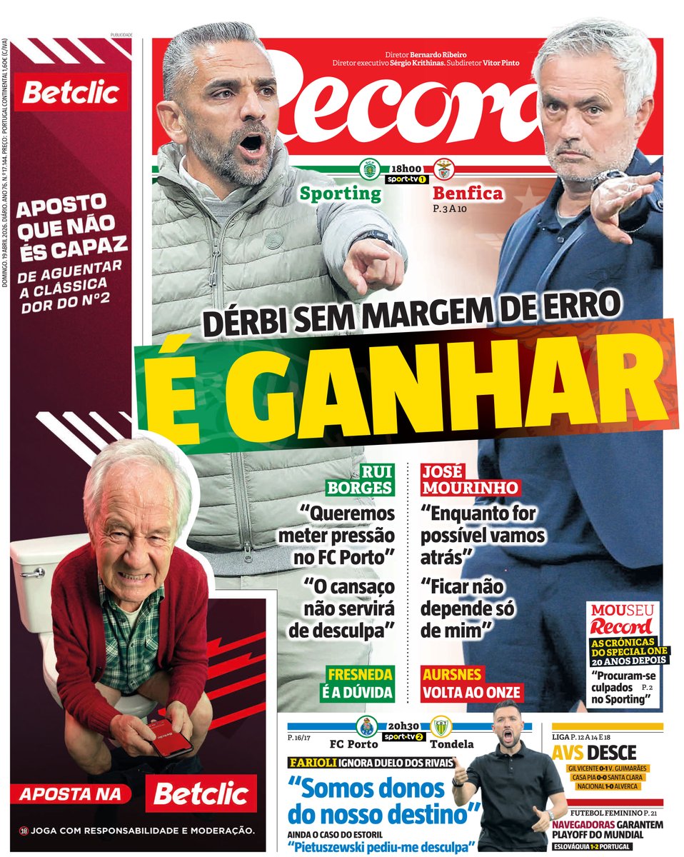 Record_Portugal's tweet image. Bom dia! A primeira página de Record de hoje, 19 de abril #capa #record