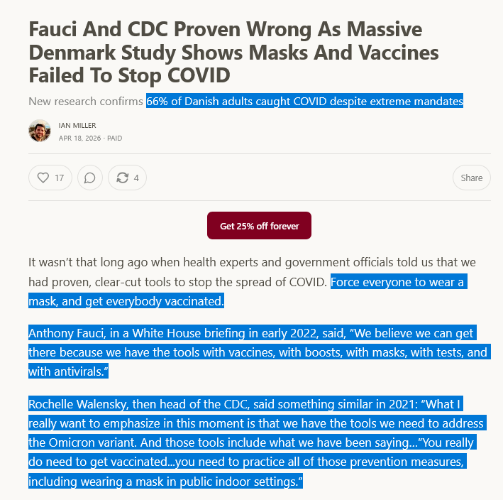 HateTheMachine's tweet image. #Fauci (Mr Fascist science) And #CDC Proven Wrong 

Massive #Denmark Study Shows #Masks And #Vaccines Failed To Stop #Covid19 
New research confirms 66% of Danish adults caught COVID despite extreme mandates...

ianmsc.substack.com/p/fauci-and-cd…