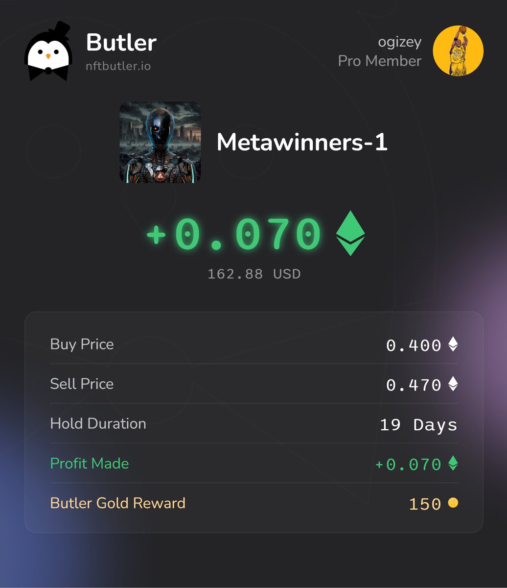 Ogizey1's tweet image. 0.070 Ξ profit on a single trade 💰📈

Sharing my best Flip this month to get fat stacks of 150 Butler Gold 🟠
Stacking profits is so much easier with NFT Butler!🐧

#NFT #NFTCommunity #NFTButler

nftbutler.io