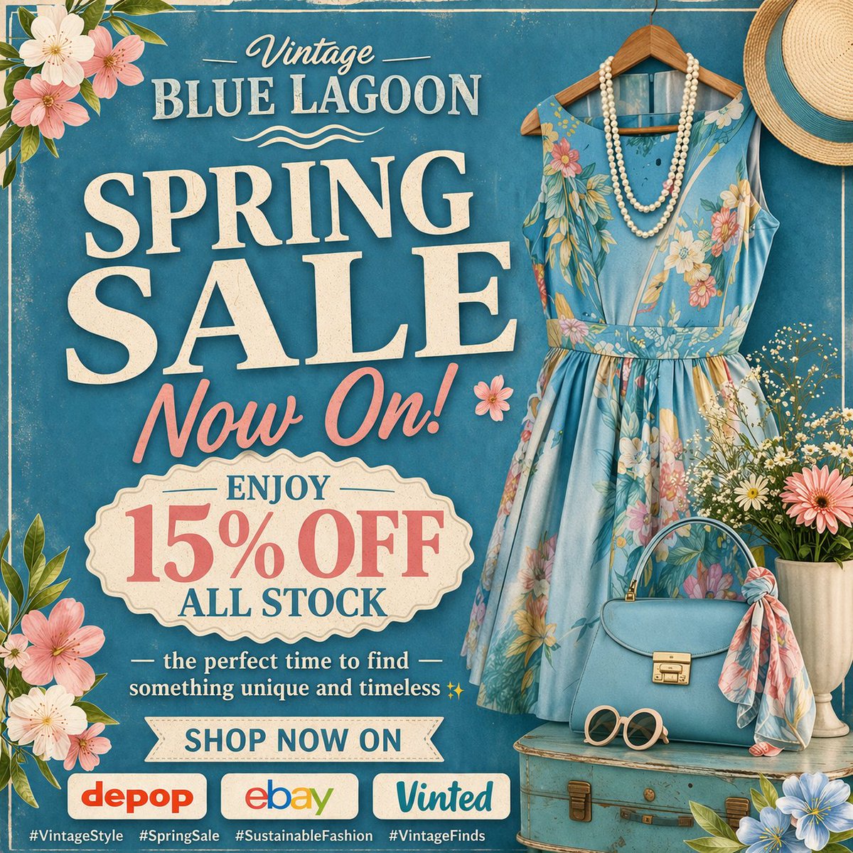 VintageLagoon's tweet image. 🛍 Vintage Blue Lagoon Spring Sale Still on! 👗✨
Enjoy 15% off all stock — the perfect chance to find something unique, timeless, and full of character.
Shop now on Depop, eBay &amp;amp; Vinted 👖
#VintageStyle #SpringSale #SustainableFashion #VintageFinds